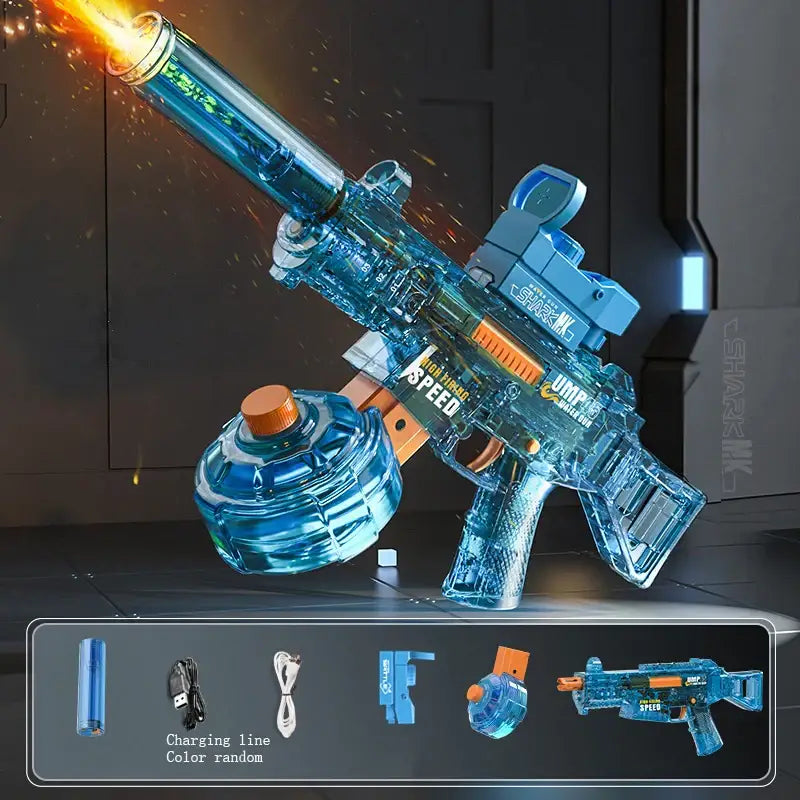 Pistolet à eau électrique sniper bleu transparent avec accents orange, batterie rechargeable et éclairage intégré