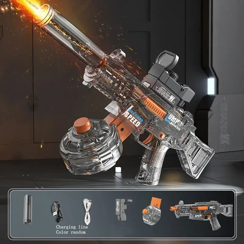 Pistolet à eau électrique sniper transparent avec accents orange et batterie rechargeable éclairage intégré