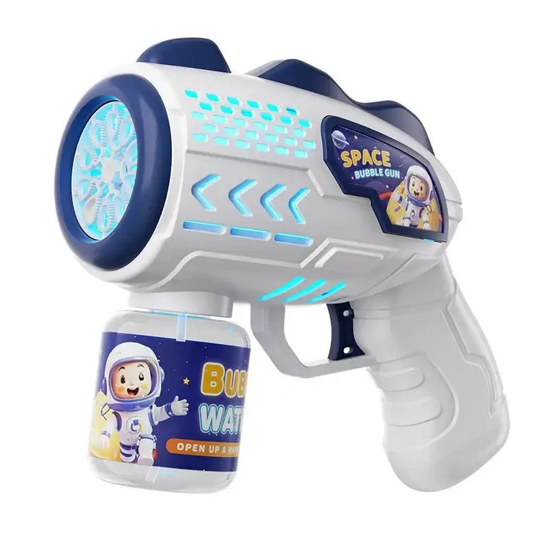 Pistolet à bulles électrique blanc et bleu avec lumières led et design astronaute pour bulles magiques ultra-performant
