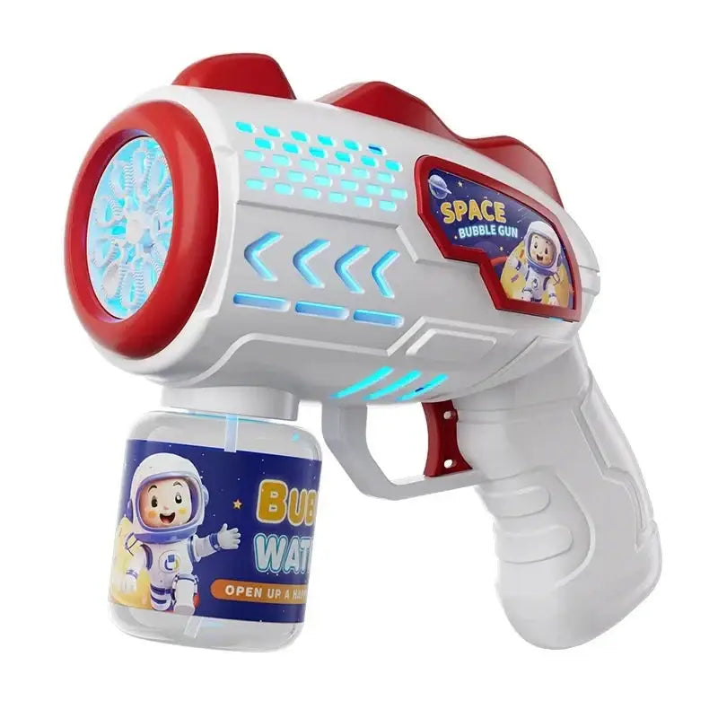 Pistolet à bulles électrique rouge et blanc avec lumières led bleues et réservoir pour bulles magiques ultra-performant