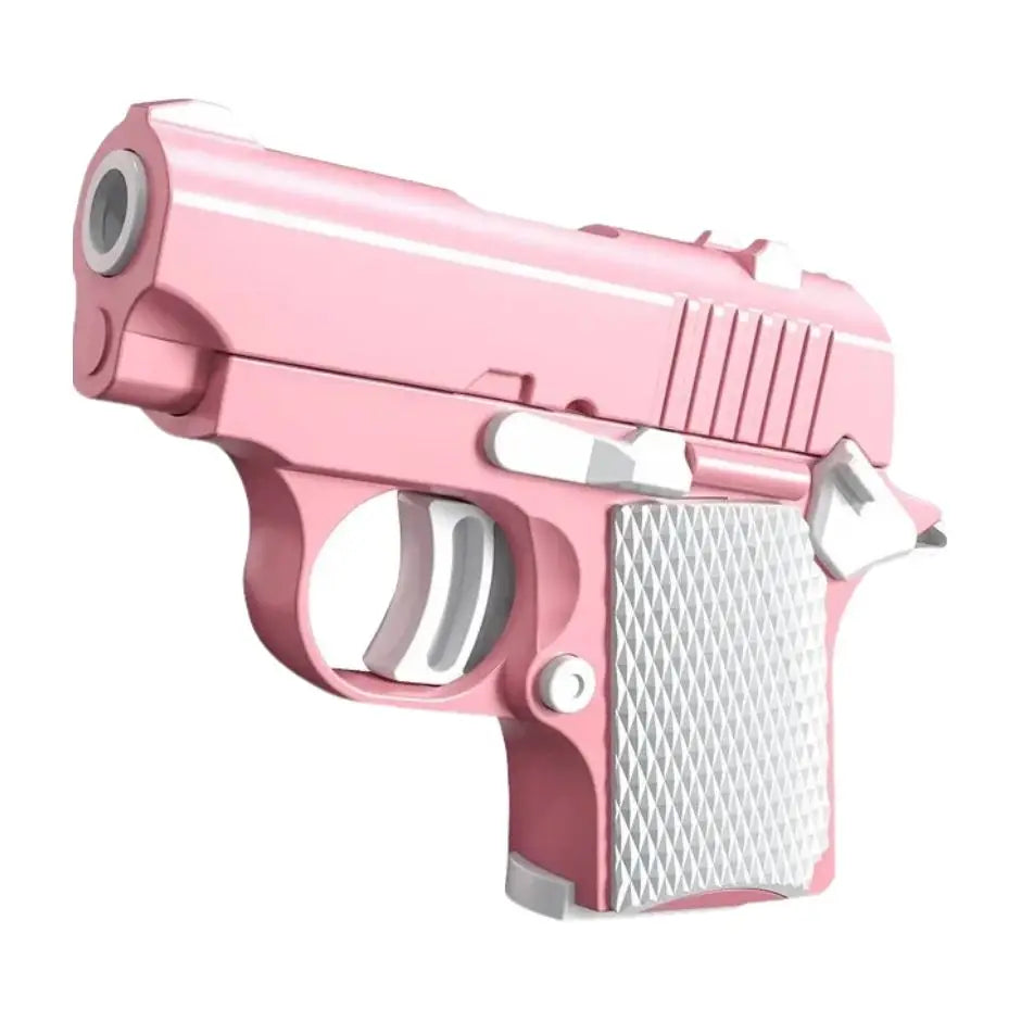 Pistolet jouet réaliste rose avec poignée blanche texturée et accents argentés pour des jeux palpitants avec effets sonores
