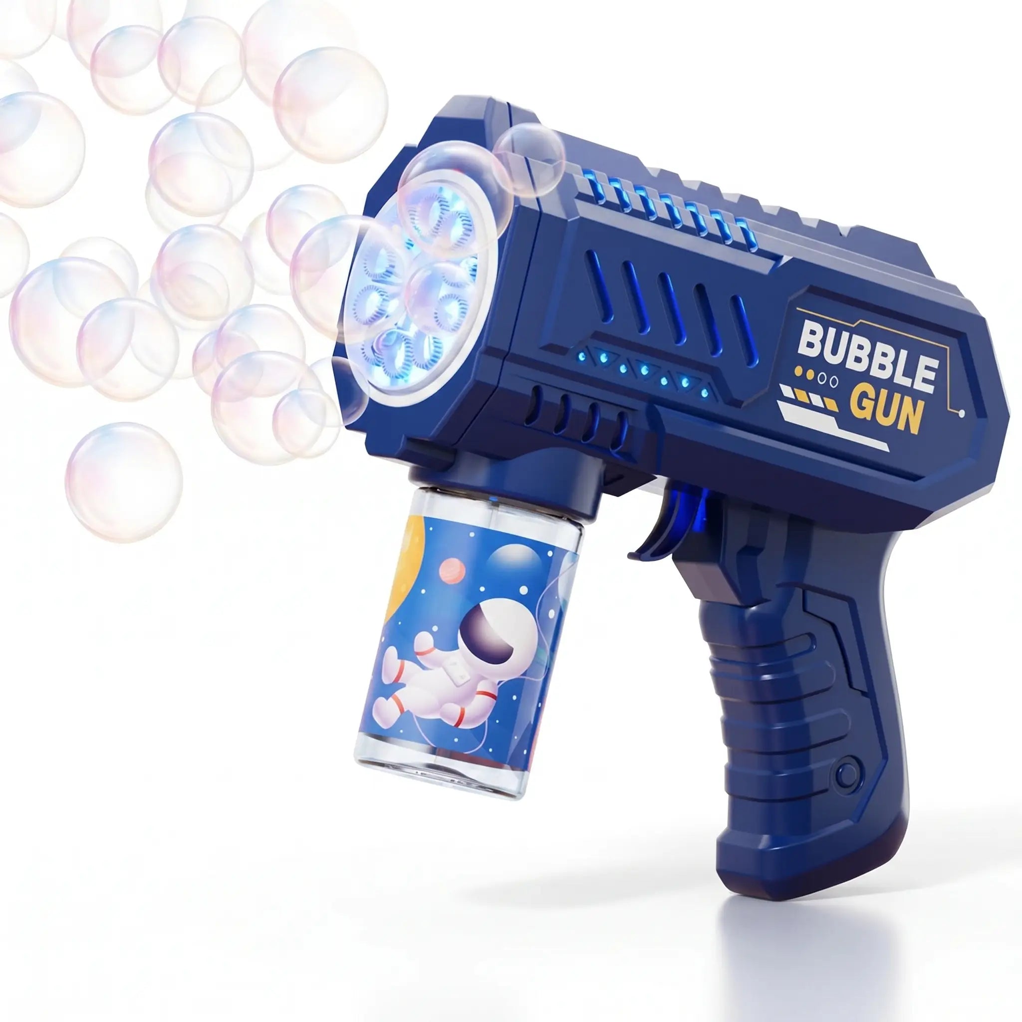 Pistolet à bulles bleu en plastique avec réservoir transparent décor astronaute idéal pour déguisement carnaval et liquide à bulles