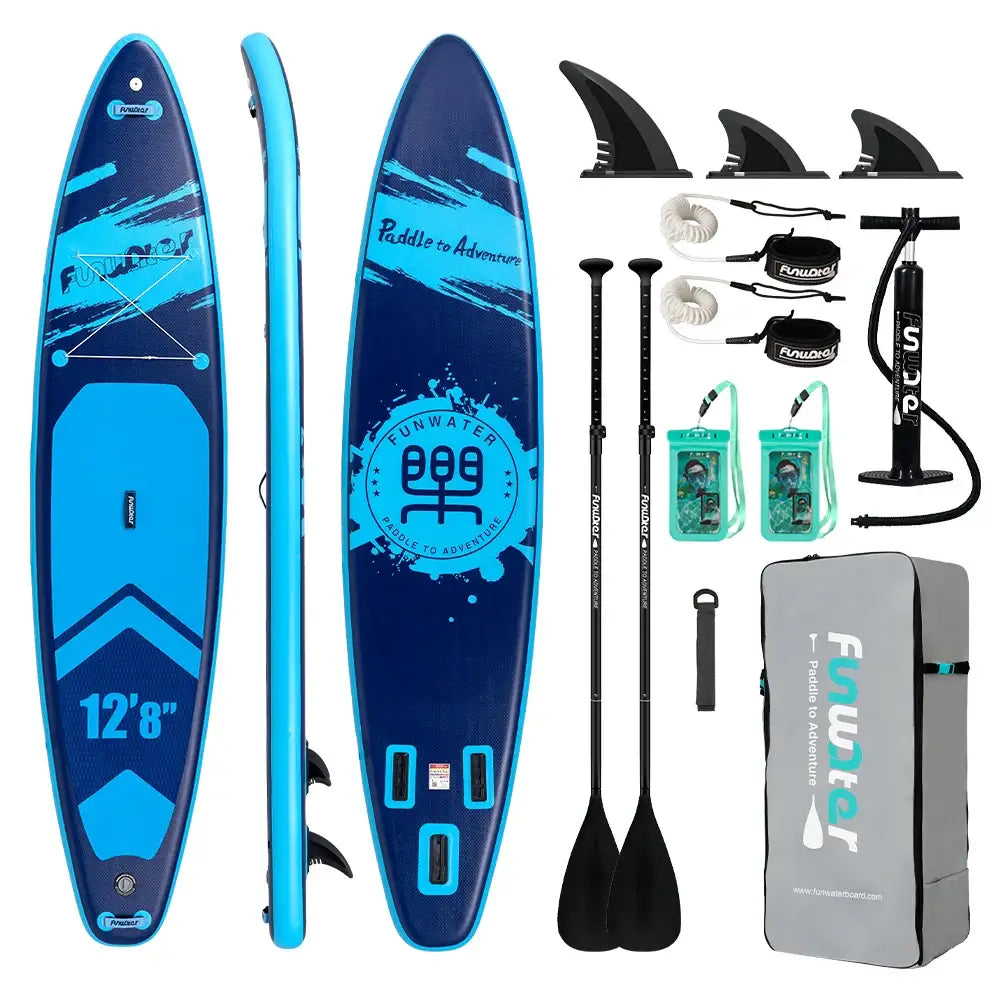 Planche paddle gonflable bleu et noir avec design texturé et sangles renforcées kit complet paddle charge maximale optimale