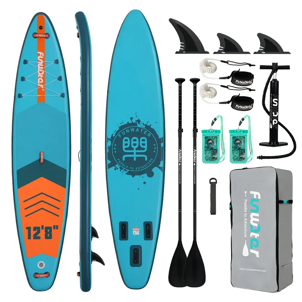Planche paddle gonflable bleu et orange avec kit complet paddle incluant pagaies, pompe et sac de transport gris, charge maximale élevée