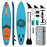 Planche paddle gonflable bleu et orange avec kit complet paddle incluant pagaies, pompe et sac de transport gris, charge maximale élevée
