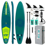 Planche paddle gonflable teal et vert neon avec kit complet paddle incluant pompe, pagaies noires et sac de transport gris charge maximale planche optimale