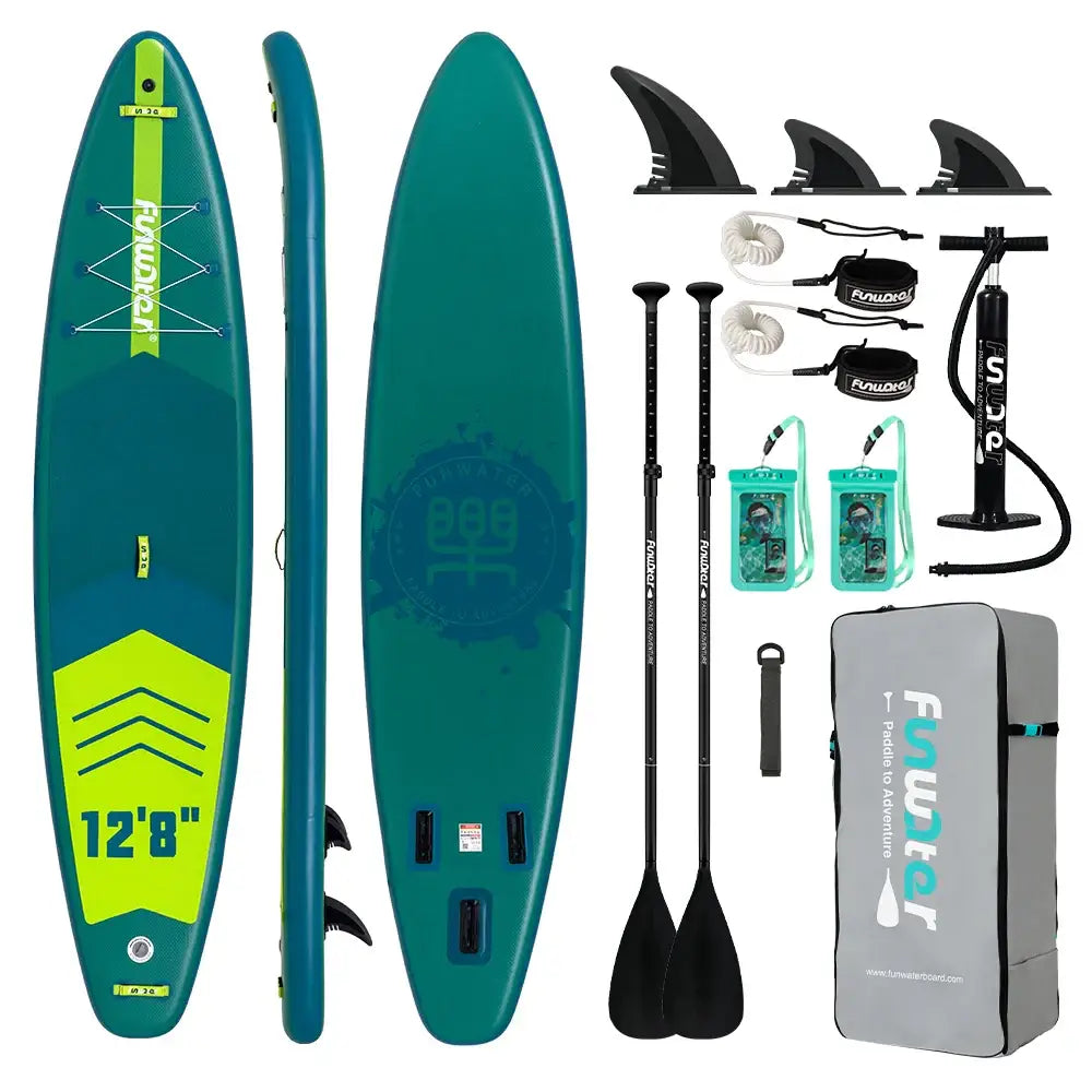 Planche paddle gonflable teal et vert neon avec kit complet paddle incluant pompe, pagaies noires et sac de transport gris charge maximale planche optimale