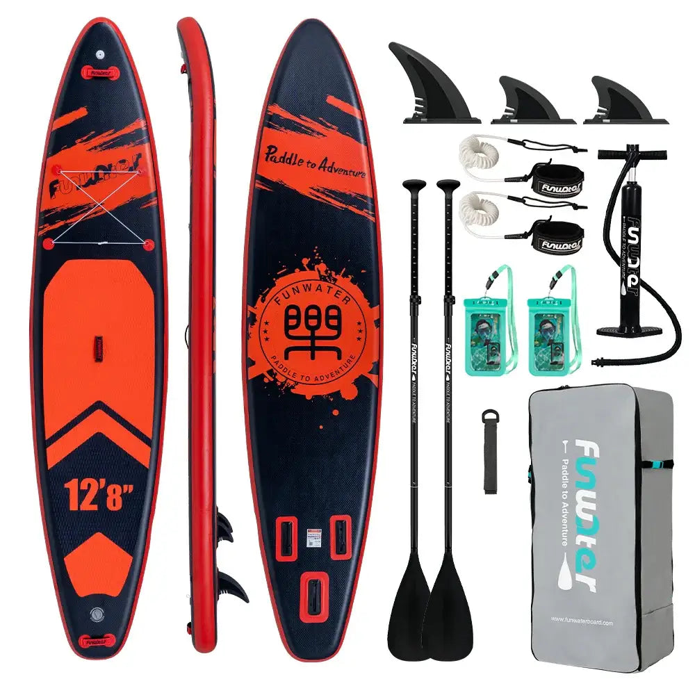 Planche paddle gonflable funwater orange et noire 12 8 pour debutant et expert avec charge maximale élevée