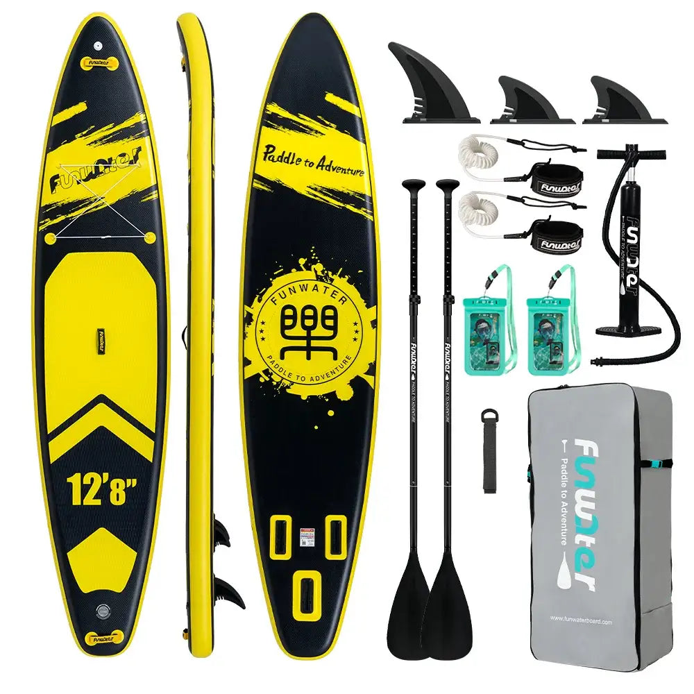 Planche paddle gonflable funwater noire et jaune avec kit complet paddle charge maximale planche idéale débutant et expert