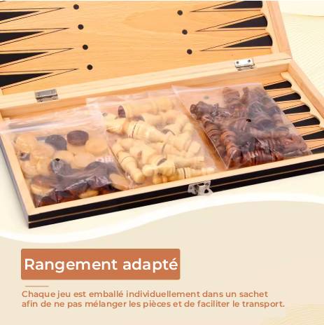 Jeu d’échecs bois magnétique 3 en 1 – Échecs, Dames & Backgammon