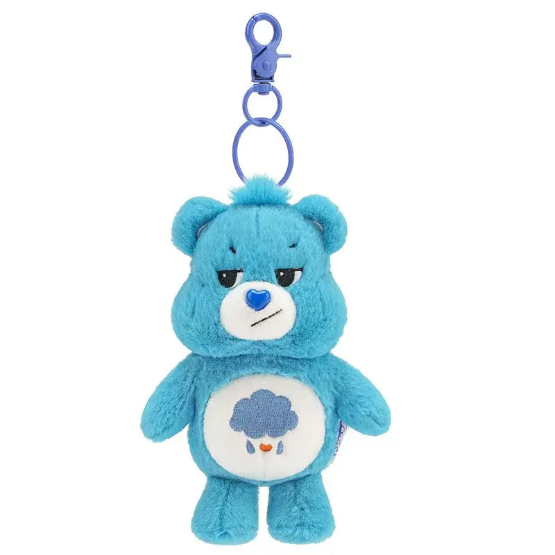 Porte-clé peluche bisounours bleu avec design nuage sur le ventre et nez en forme de cœur en peluche douce