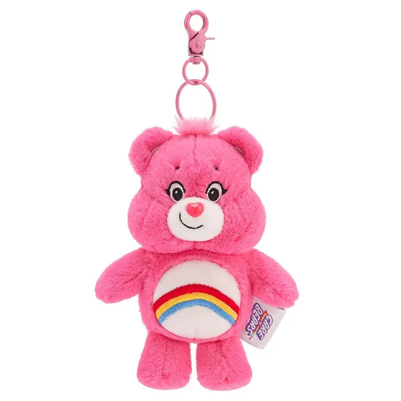 Porte-clé peluche bisounours rose avec arc-en-ciel brodé et clip métallique rose en peluche douce