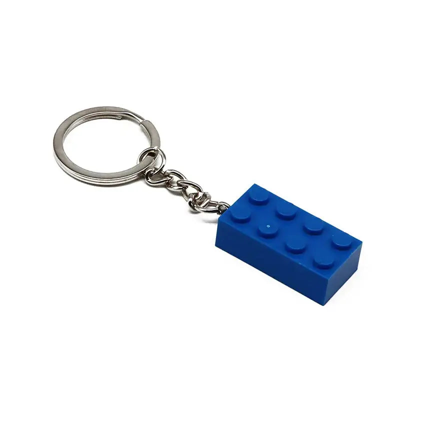 Porte-clés lego briques bleu en plastique avec anneau et chaîne en métal argenté pour clés pratiques
