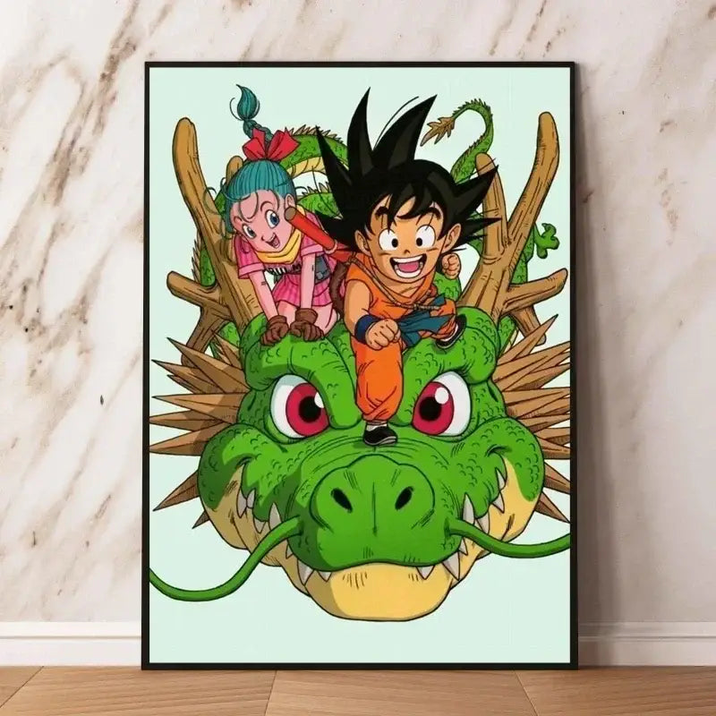 Poster dragon ball animé encadré avec goku et bulma sur un dragon vert fond menthe décoration murale idéale