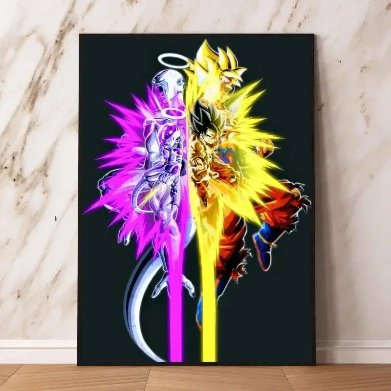 Poster dragon ball animé vibrant avec deux personnages iconiques en aura dorée et énergie violette pour décoration murale