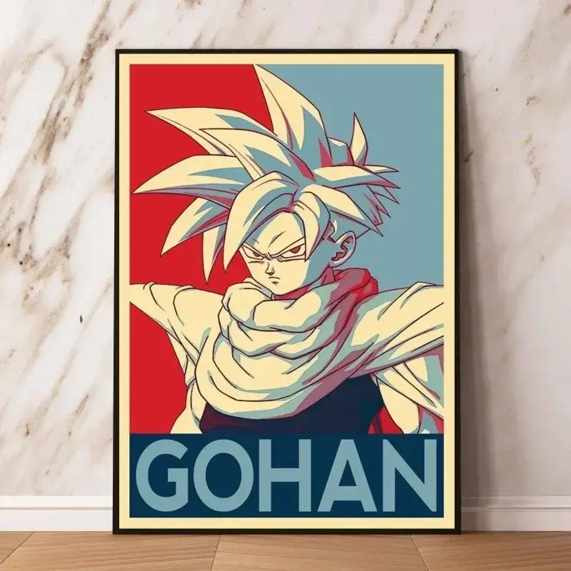Poster dragon ball encadré avec illustration anime stylisée de gohan cheveux blancs sur fond rouge et bleu pour décoration murale