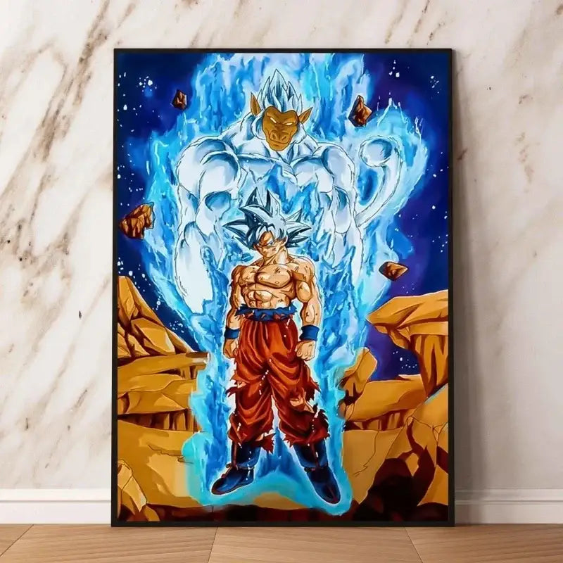 Affiche poster dragon ball encadrée avec goku super saiyan blue et entité dorée pour décoration murale anime