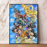 Poster dragon ball vibrant en décoration murale avec personnages colorés sur fond ciel bleu pour figurine anime fans