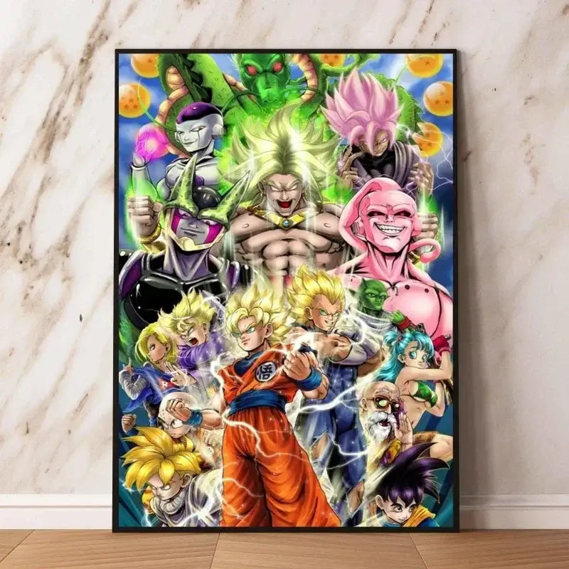 Poster dragon ball vibrant avec personnages en poses dynamiques sur fond cosmique pour décoration murale anime