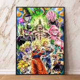 Poster dragon ball vibrant avec personnages en poses dynamiques sur fond cosmique pour décoration murale anime