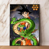 Poster dragon ball vibrant featuring goku in orange gi riding green dragon against starry night for décoration murale
