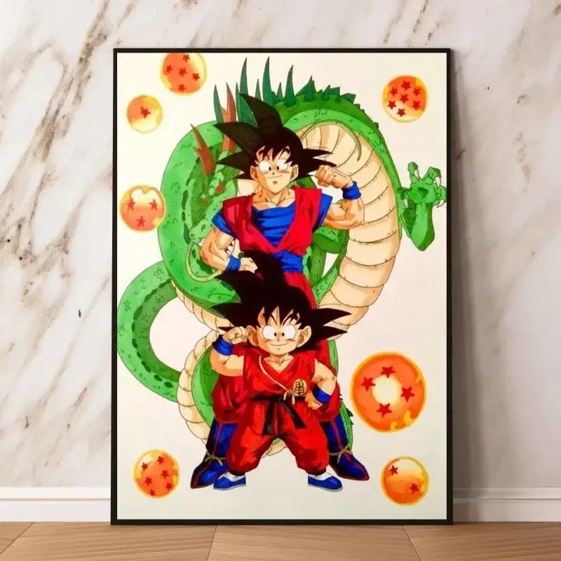 Poster dragon ball avec deux goku et un dragon vert entourés de sphères orange pour décoration murale anime