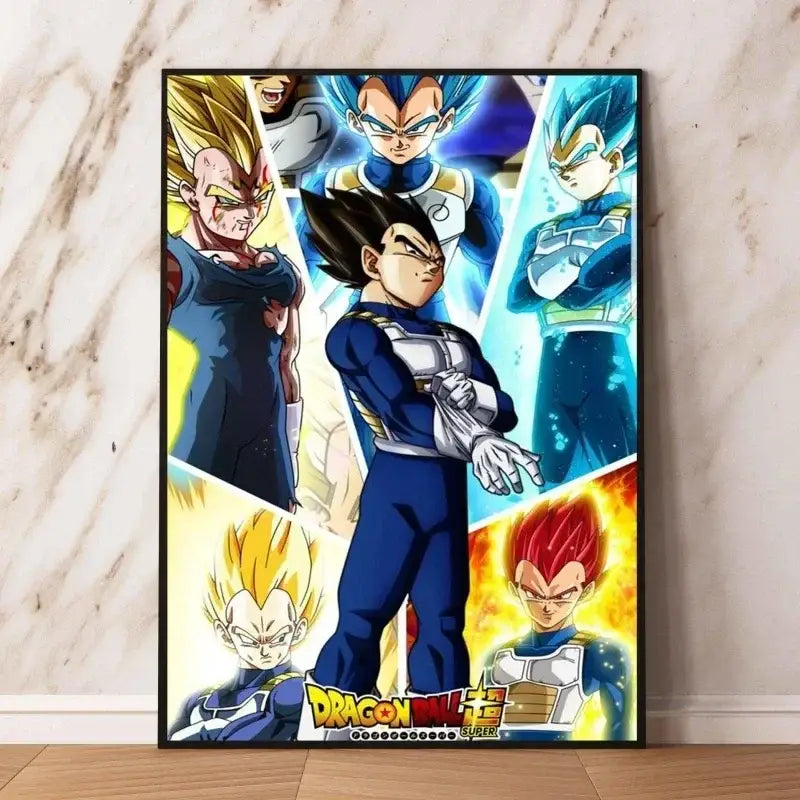Poster dragon ball encadré avec plusieurs versions de vegeta en poses dynamiques pour décoration murale animée