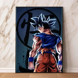Poster dragon ball décoration murale avec toile de goku bleu et orange cheveux argentés encadrée en noir
