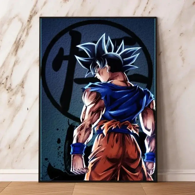 Poster dragon ball décoration murale avec toile de goku bleu et orange cheveux argentés encadrée en noir