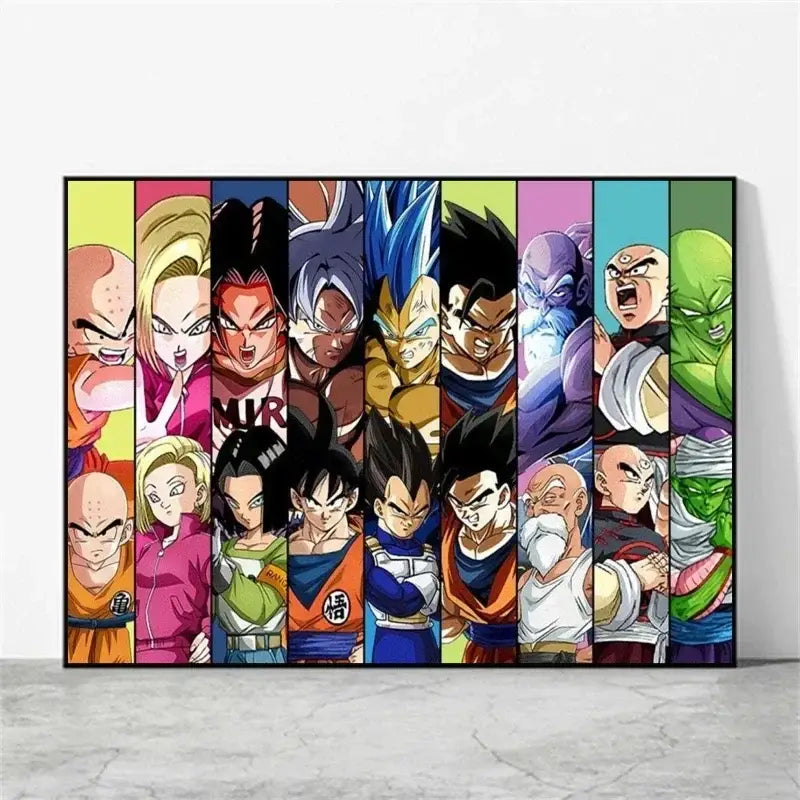 Poster dragon ball vibrant avec personnages iconiques en poses dynamiques pour décoration murale anime