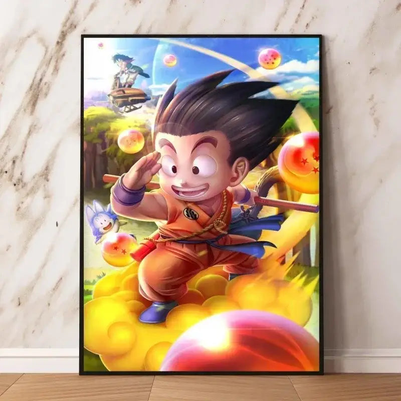 Vibrant poster dragon ball animé avec jeune goku en gi orange et dragon balls colorées pour décoration murale
