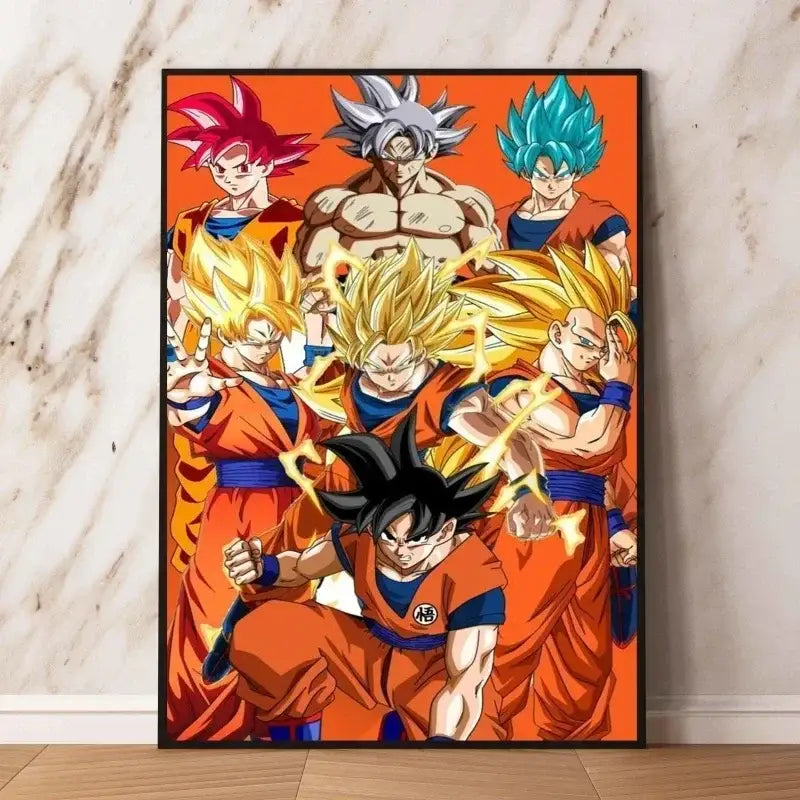 Poster dragon ball vibrant orange and blue featuring goku super saiyan forms idéale décoration murale anime