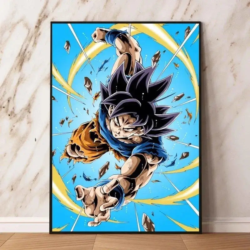 Poster dragon ball vibrant featuring goku in dynamic battle pose with blue gi and yellow energy bursts for décoration murale