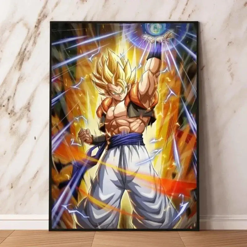 Poster dragon ball vibrant avec goku super saiyan cheveux dorés sur fond énergétique jaune et orange décoration murale