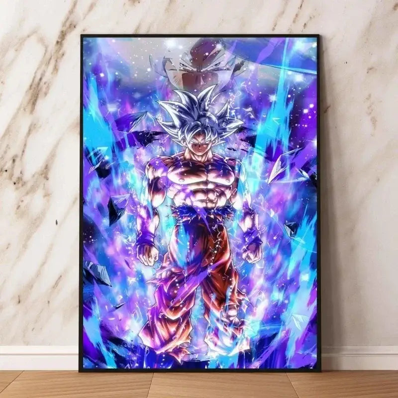 Poster dragon ball vibrant avec goku super saiyan blue encadré en noir pour décoration murale en marbre