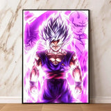 Poster dragon ball vibrant purple and white featuring goku super saiyan blue with sleek black border décoration murale