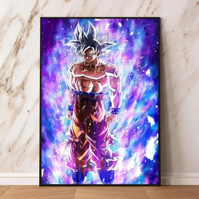 Poster dragon ball vibrant avec goku en super saiyan blue encadré noir pour décoration murale moderne