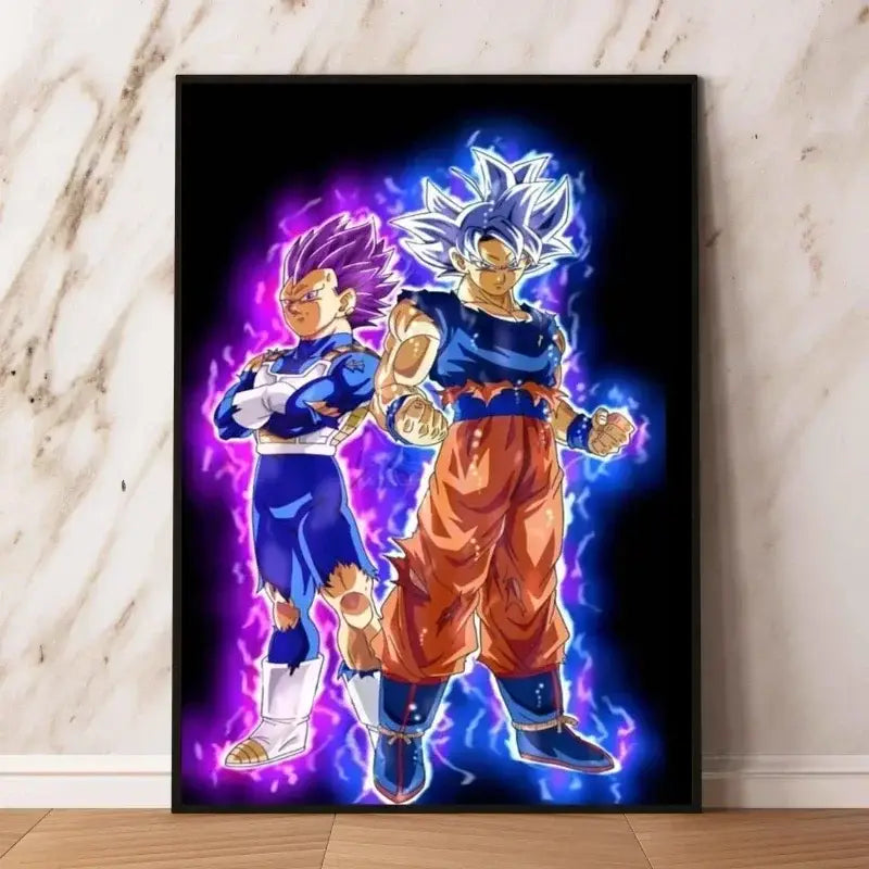 Poster dragon ball en toile avec cadre noir illustrant goku et vegeta super saiyan blue en décoration murale vibrante