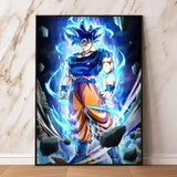 Poster dragon ball vibrant bleu et orange featuring goku en super saiyan blue avec bordure noire pour décoration murale