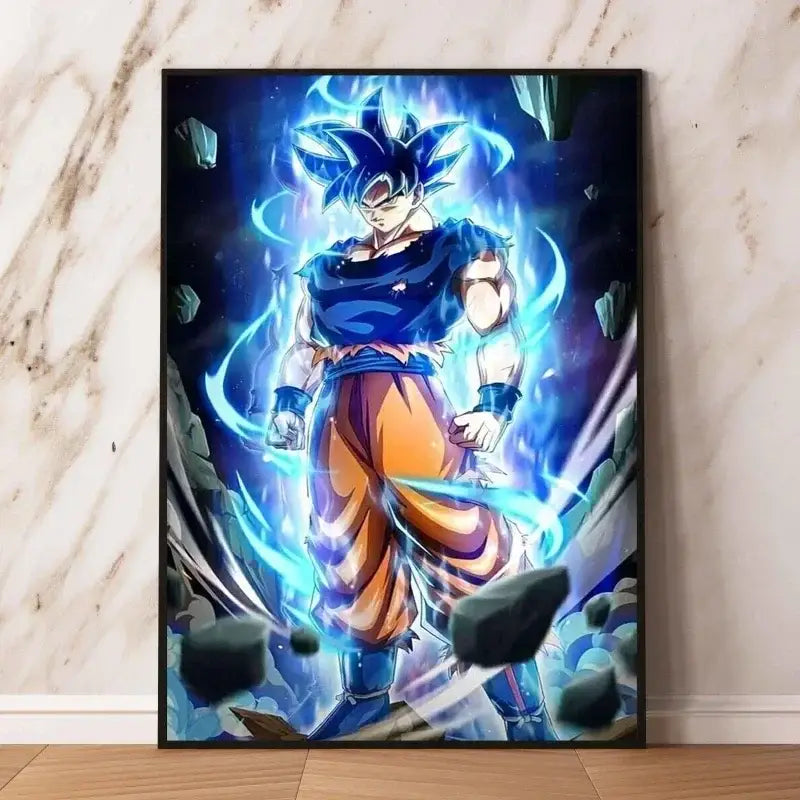 Poster dragon ball vibrant bleu et orange featuring goku en super saiyan blue avec bordure noire pour décoration murale