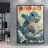Affiche encadrée poster peinture pokémon avec squirtle bleu et beige sautant dans des vagues style peinture pokémon nature