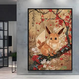 Framed poster peinture pokémon featuring a tan and white Évoli style sitting on a branch with red and white blossoms