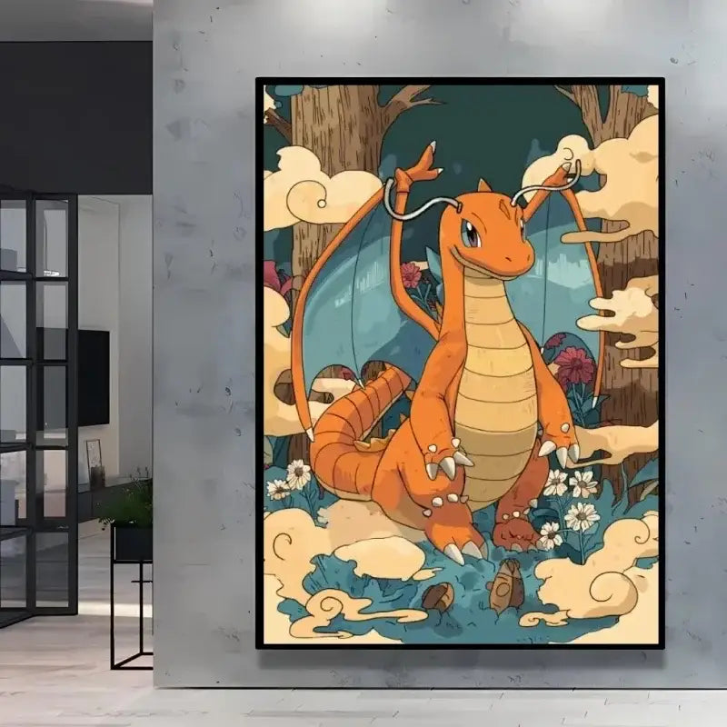 Poster peinture pokémon nature avec artwork dragon orange et beige encadré en noir style Évoli