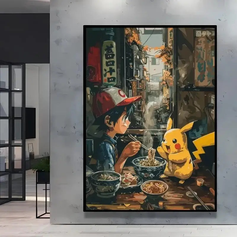 Poster peinture pokémon nature représentant un garçon en casquette rouge et blanche mangeant des nouilles avec pikachu sur toile