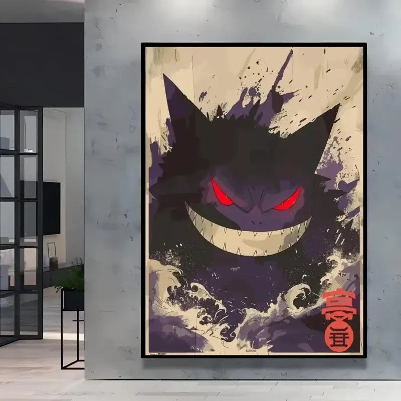 Poster peinture pokémon nature avec gengar stylisé violet foncé aux yeux rouges et dents blanches dans un cadre