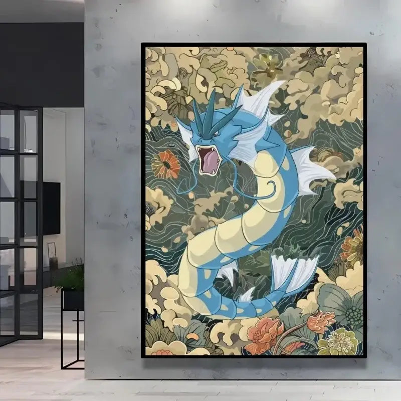 Affiche peinture pokémon avec raikou bleu et crème sur fond ornemental nuages et fleurs dans style peinture pokémon nature