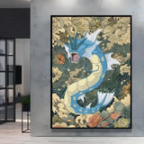 Affiche peinture pokémon avec raikou bleu et crème sur fond ornemental nuages et fleurs dans style peinture pokémon nature