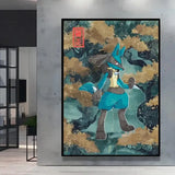 Poster peinture pokémon nature avec Évoli style bleu et marron dans une forêt automnale, rendu pictural encadré