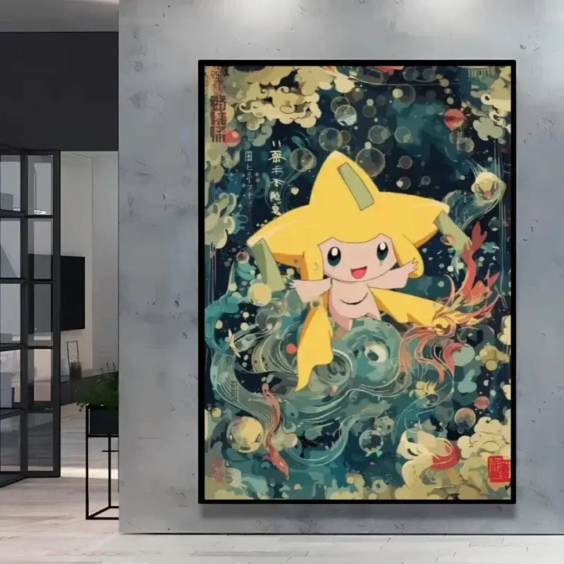 Poster peinture pokémon nature avec un pokémon étoile jaune vif au style joyeux et yeux verts inspiré de lévoli style