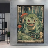 Affiche poster peinture pokémon nature avec bulbasaur vert tacheté entouré de champignons dans un style vintage évo li style